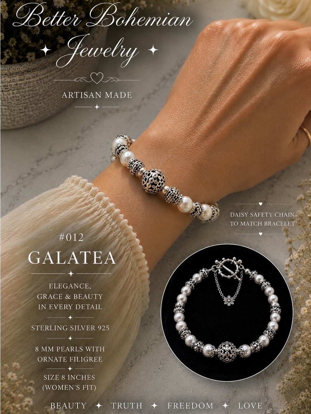 🥀GALATEA #012 Sterling Silver 925 -8mm Pearl Artisan Bracelet 8” -🥀